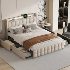 Lit coffre 160x200 cm en tissu beige avec tête rembourrée, LED, ports USB, 4 tiroirs et sommier à lattes, sans matelas