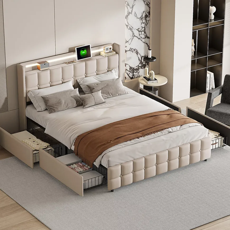 Lit coffre 160x200 cm en tissu beige avec tête rembourrée, LED, ports USB, 4 tiroirs et sommier à lattes, sans matelas