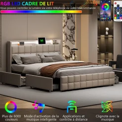 Lit coffre 160x200 cm en tissu beige avec tête rembourrée, LED, ports USB, 4 tiroirs et sommier à lattes, sans matelas