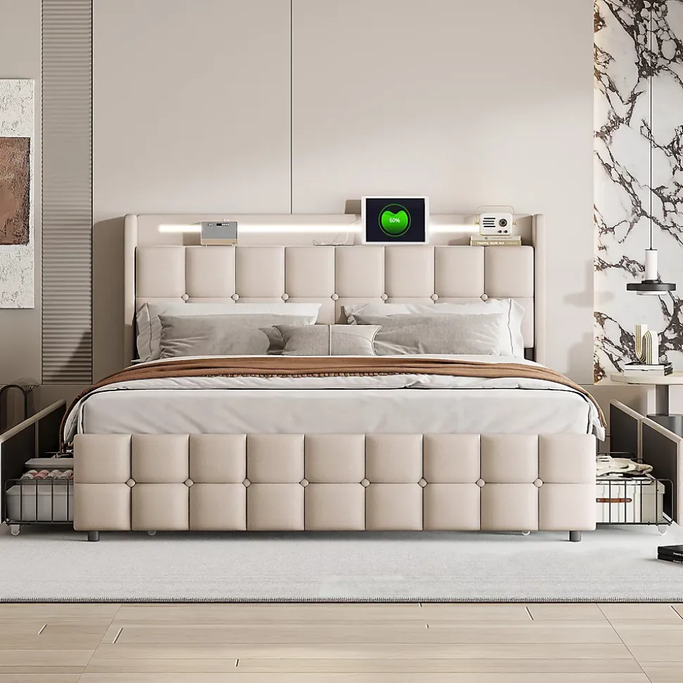 Lit coffre 160x200 cm en tissu beige avec tête rembourrée, LED, ports USB, 4 tiroirs et sommier à lattes, sans matelas