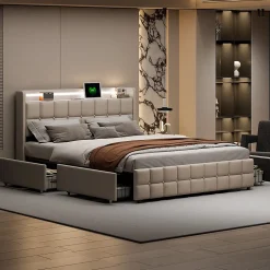 Lit coffre 160x200 cm en tissu beige avec tête rembourrée, LED, ports USB, 4 tiroirs et sommier à lattes, sans matelas