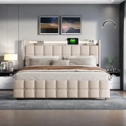 Lit coffre 160x200 cm en tissu beige avec tête rembourrée, LED, ports USB, 4 tiroirs et sommier à lattes, sans matelas