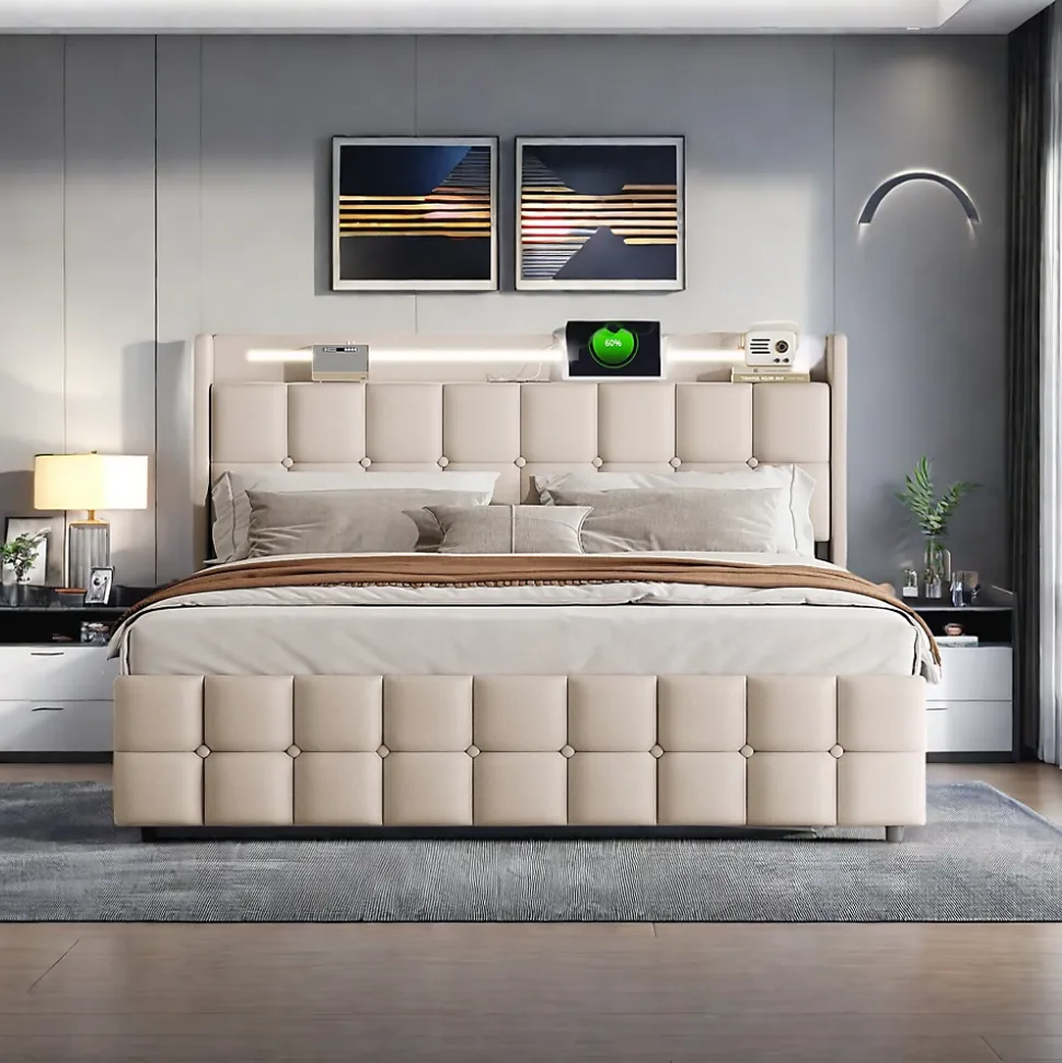 Lit coffre 160x200 cm en tissu beige avec tête rembourrée, LED, ports USB, 4 tiroirs et sommier à lattes, sans matelas