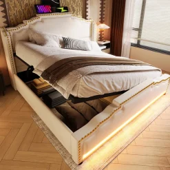 Lit coffre 160x200 cm en velours beige avec rangement hydraulique eclairage LED multicolore et ports USB C