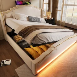Lit coffre 160x200 cm en velours beige avec rangement hydraulique eclairage LED multicolore et ports USB C