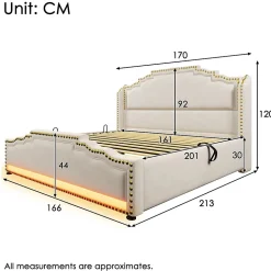 Lit coffre 160x200 cm en velours beige avec rangement hydraulique eclairage LED multicolore et ports USB C