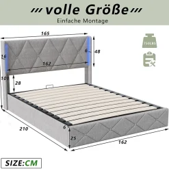 Lit coffre 160x200 cm en velours gris givré avec lampe latérale sur la tête de lit, rangement hydraulique, facile à monter