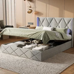 Lit coffre 160x200 cm en velours gris givré avec lampe latérale sur la tête de lit, rangement hydraulique, facile à monter