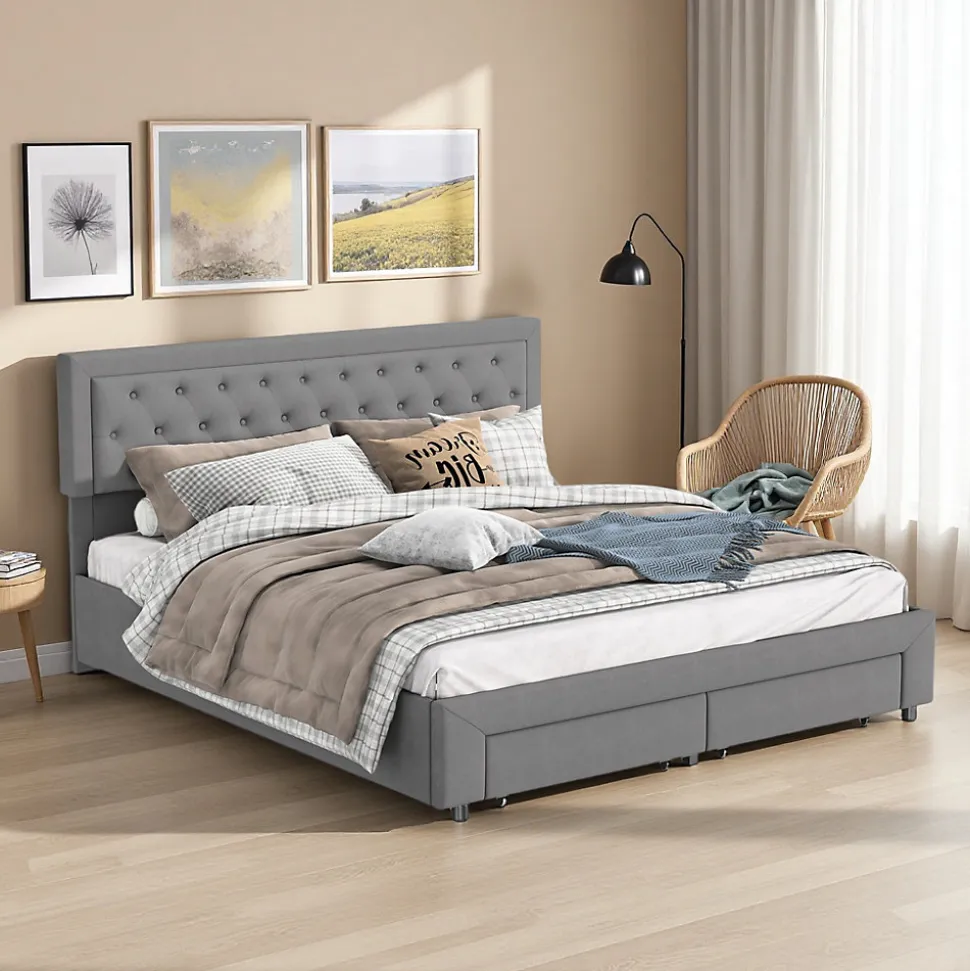 Lit coffre 180x200 cm en velours gris avec tête de lit réglable, tiroirs et sommier à lattes en bois