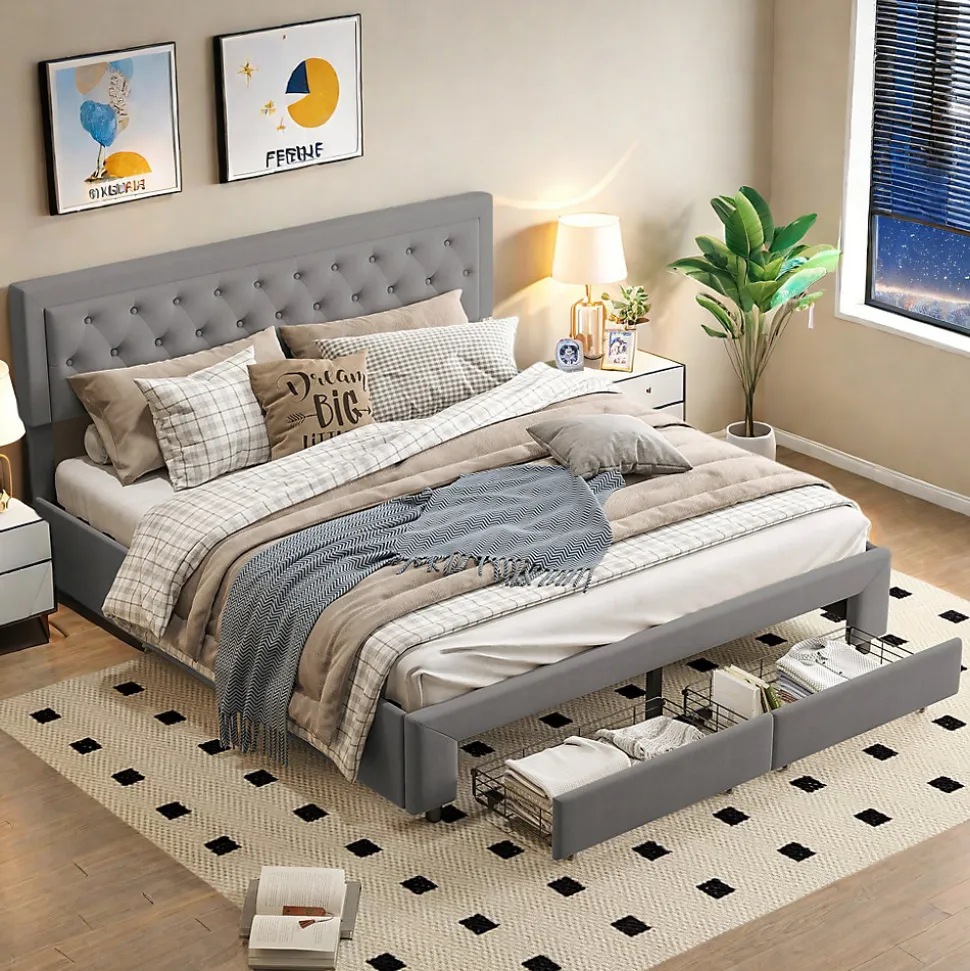 Lit coffre 180x200 cm en velours gris avec tête de lit réglable, tiroirs et sommier à lattes en bois