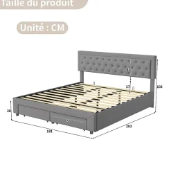 Lit coffre 180x200 cm en velours gris avec tête de lit réglable, tiroirs et sommier à lattes en bois