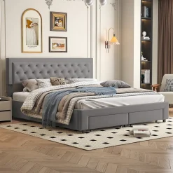 Lit coffre 180x200 cm en velours gris avec tête de lit réglable, tiroirs et sommier à lattes en bois