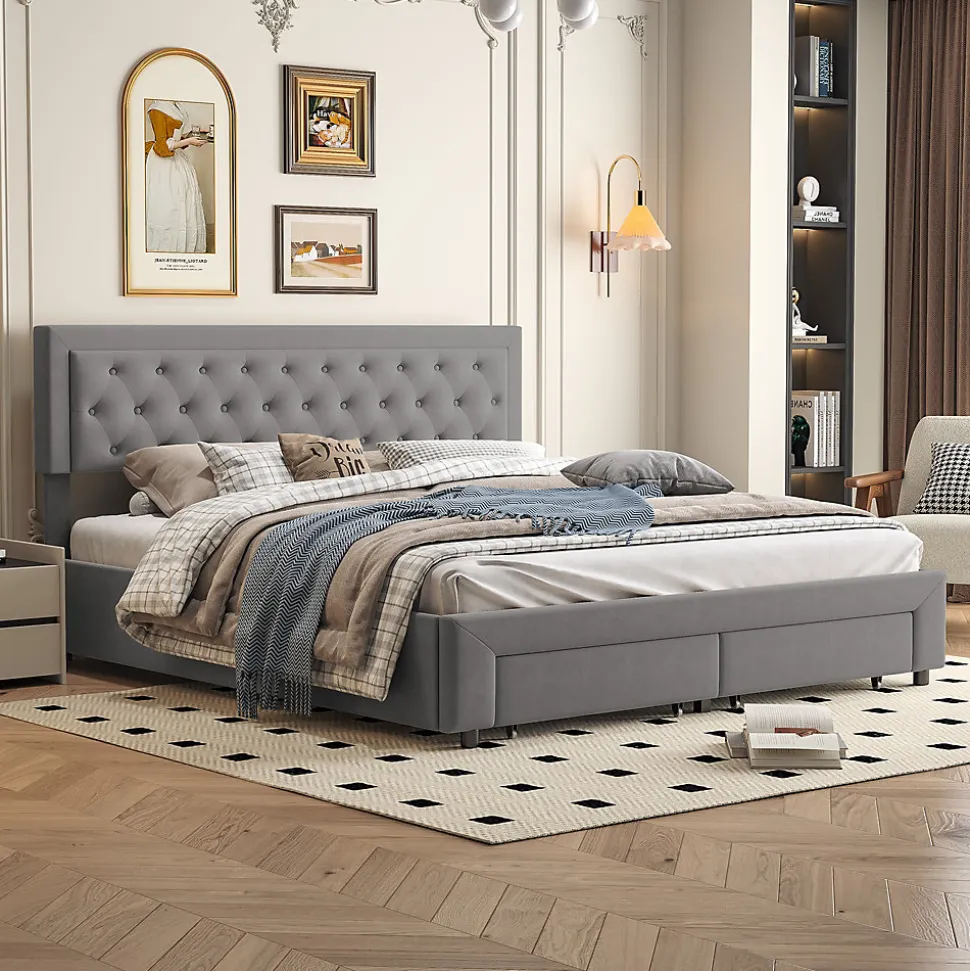 Lit coffre 180x200 cm en velours gris avec tête de lit réglable, tiroirs et sommier à lattes en bois