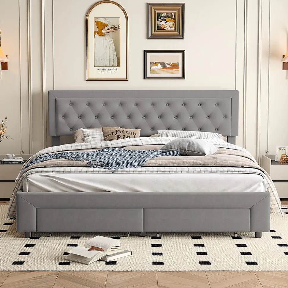 Lit coffre 180x200 cm en velours gris avec tête de lit réglable, tiroirs et sommier à lattes en bois