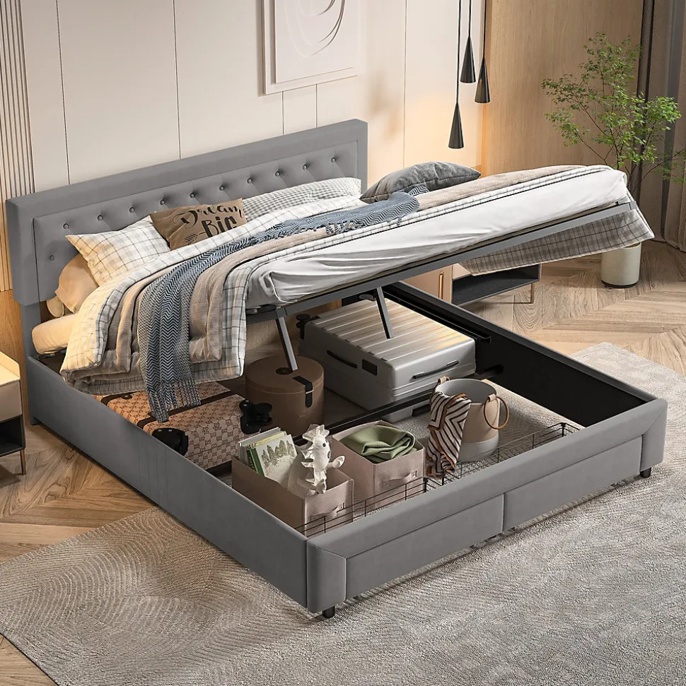 Lit coffre 180x200 cm en velours gris avec tête de lit réglable, tiroirs et sommier à lattes en bois