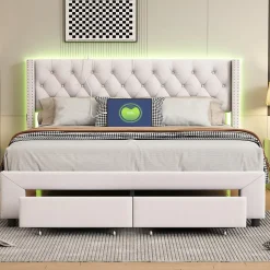 Lit coffre 140x190 cm en velours beige, tête de lit cloutée, 2 tiroirs, ports USB, poches latérales, bande LED amovible