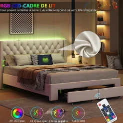 Lit coffre 140x190 cm en velours beige, tête de lit cloutée, 2 tiroirs, ports USB, poches latérales, bande LED amovible