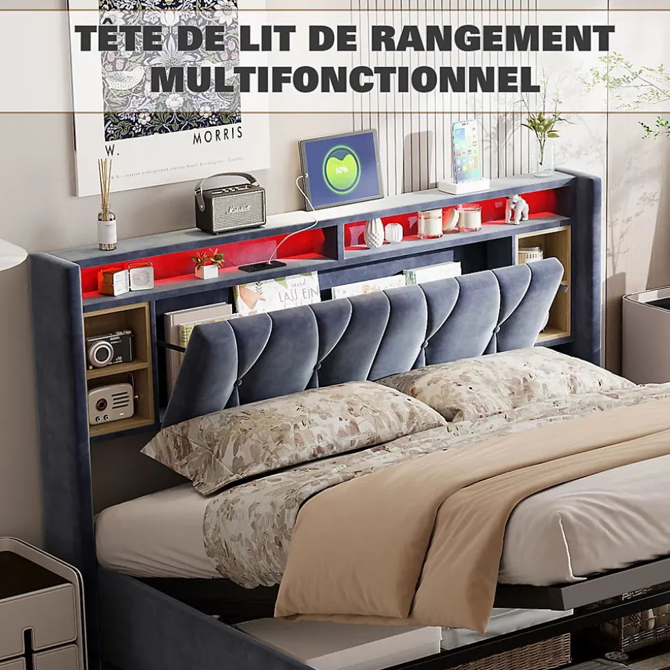 Lit coffre 140x200 cm en velours gris avec tête de lit LED 7 couleurs, prises USB/Type-C, rangements et vérins hydrauliques