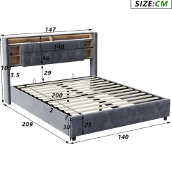 Lit coffre 140x200 cm en velours gris avec tête de lit LED 7 couleurs, prises USB/Type-C, rangements et vérins hydrauliques