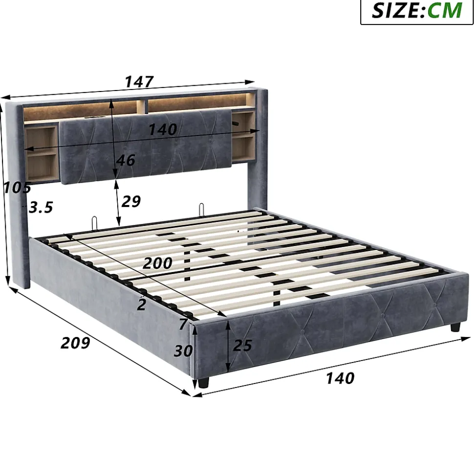 Lit coffre 140x200 cm en velours gris avec tête de lit LED 7 couleurs, prises USB/Type-C, rangements et vérins hydrauliques