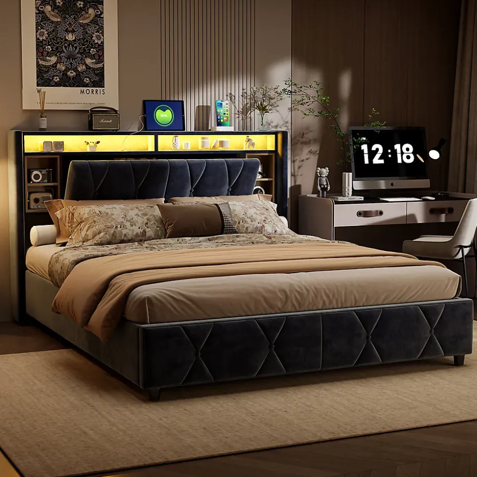 Lit coffre 140x200 cm en velours gris avec tête de lit LED 7 couleurs, prises USB/Type-C, rangements et vérins hydrauliques