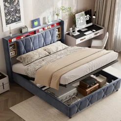 Lit coffre 140x200 cm en velours gris avec tête de lit LED 7 couleurs, prises USB/Type-C, rangements et vérins hydrauliques