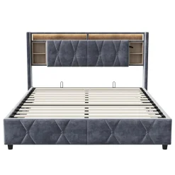 Lit coffre 140x200 cm en velours gris avec tête de lit LED 7 couleurs, prises USB/Type-C, rangements et vérins hydrauliques