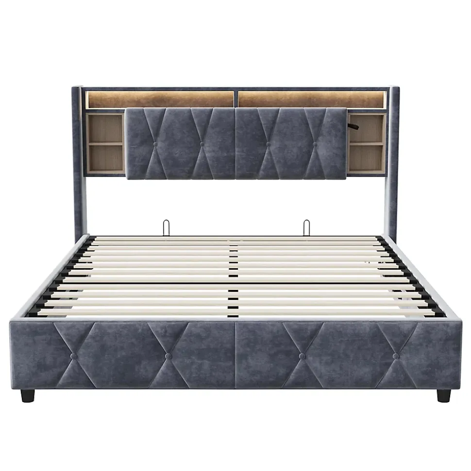 Lit coffre 140x200 cm en velours gris avec tête de lit LED 7 couleurs, prises USB/Type-C, rangements et vérins hydrauliques