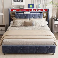 Lit coffre 140x200 cm en velours gris avec tête de lit LED 7 couleurs, prises USB/Type-C, rangements et vérins hydrauliques