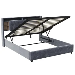 Lit coffre 140x200 cm en velours gris avec tête de lit LED 7 couleurs, prises USB/Type-C, rangements et vérins hydrauliques