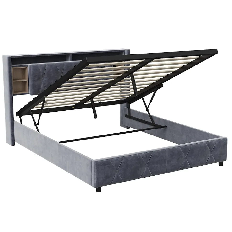 Lit coffre 140x200 cm en velours gris avec tête de lit LED 7 couleurs, prises USB/Type-C, rangements et vérins hydrauliques