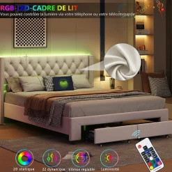Lit coffre 140x190 cm en velours beige, tête de lit cloutée, 2 tiroirs, ports USB, poches latérales, bande LED amovible
