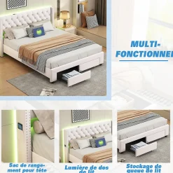Lit coffre 140x190 cm en velours beige, tête de lit cloutée, 2 tiroirs, ports USB, poches latérales, bande LED amovible
