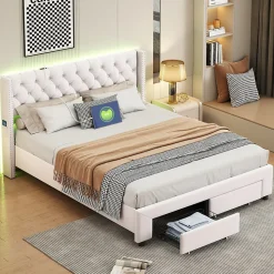 Lit coffre 140x190 cm en velours beige, tête de lit cloutée, 2 tiroirs, ports USB, poches latérales, bande LED amovible