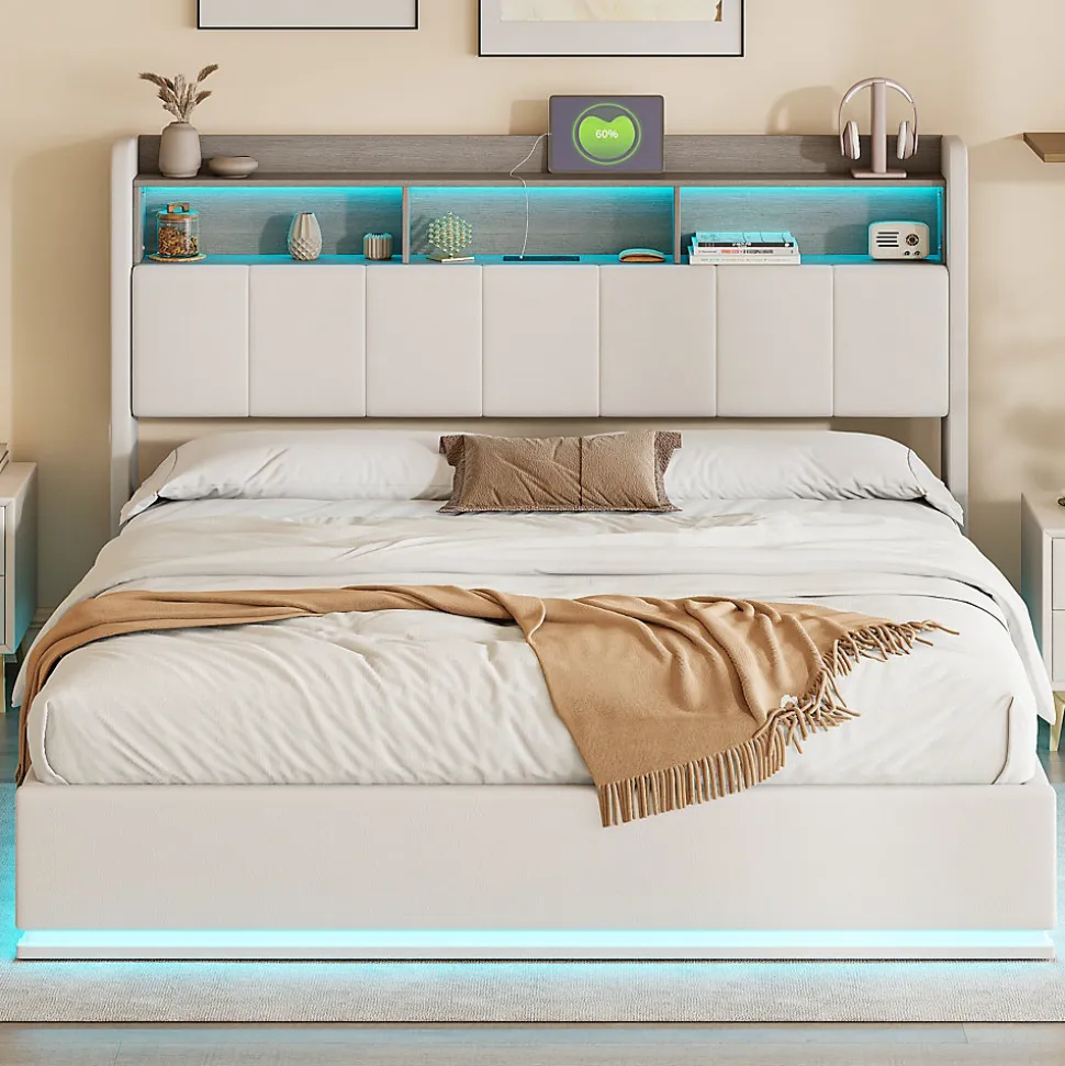 Lit coffre 140x200 cm en velours avec tête de lit rangements, LED, ports USB, Lit double avec espace de rangement, Blanc
