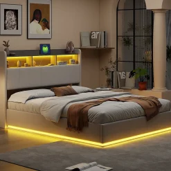 Lit coffre 140x200 cm en velours avec tête de lit rangements, LED, ports USB, Lit double avec espace de rangement, Blanc