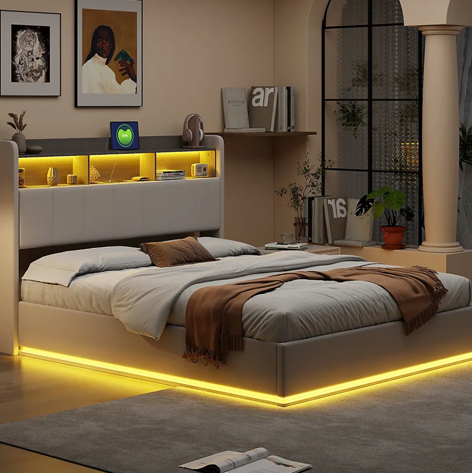 Lit coffre 140x200 cm en velours avec tête de lit rangements, LED, ports USB, Lit double avec espace de rangement, Blanc