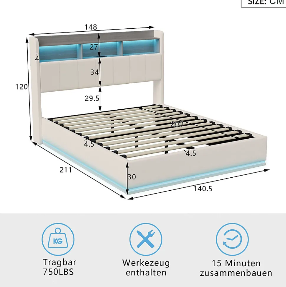 Lit coffre 140x200 cm en velours avec tête de lit rangements, LED, ports USB, Lit double avec espace de rangement, Blanc