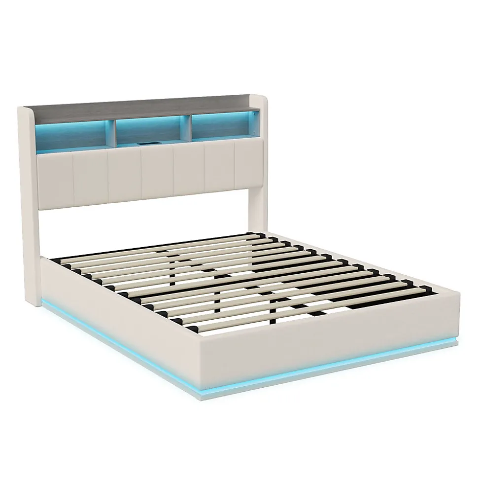 Lit coffre 140x200 cm en velours avec tête de lit rangements, LED, ports USB, Lit double avec espace de rangement, Blanc