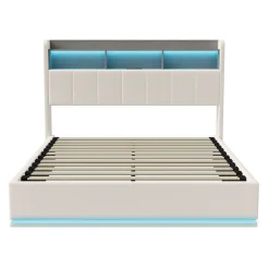 Lit coffre 140x200 cm en velours avec tête de lit rangements, LED, ports USB, Lit double avec espace de rangement, Blanc