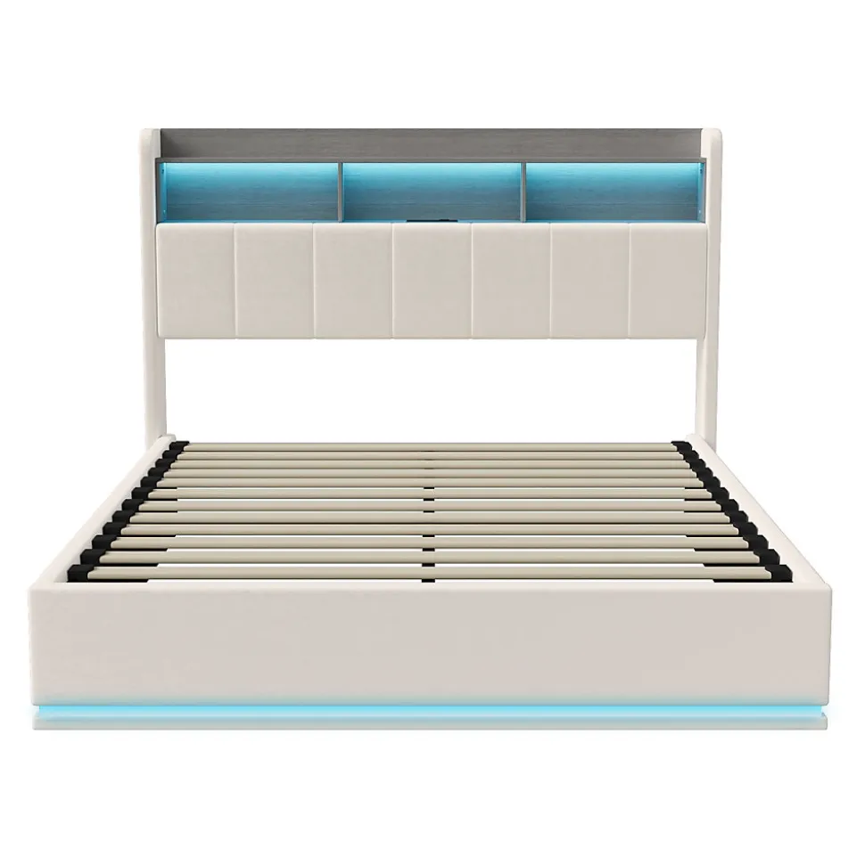 Lit coffre 140x200 cm en velours avec tête de lit rangements, LED, ports USB, Lit double avec espace de rangement, Blanc