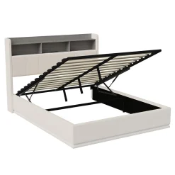 Lit coffre 140x200 cm en velours avec tête de lit rangements, LED, ports USB, Lit double avec espace de rangement, Blanc