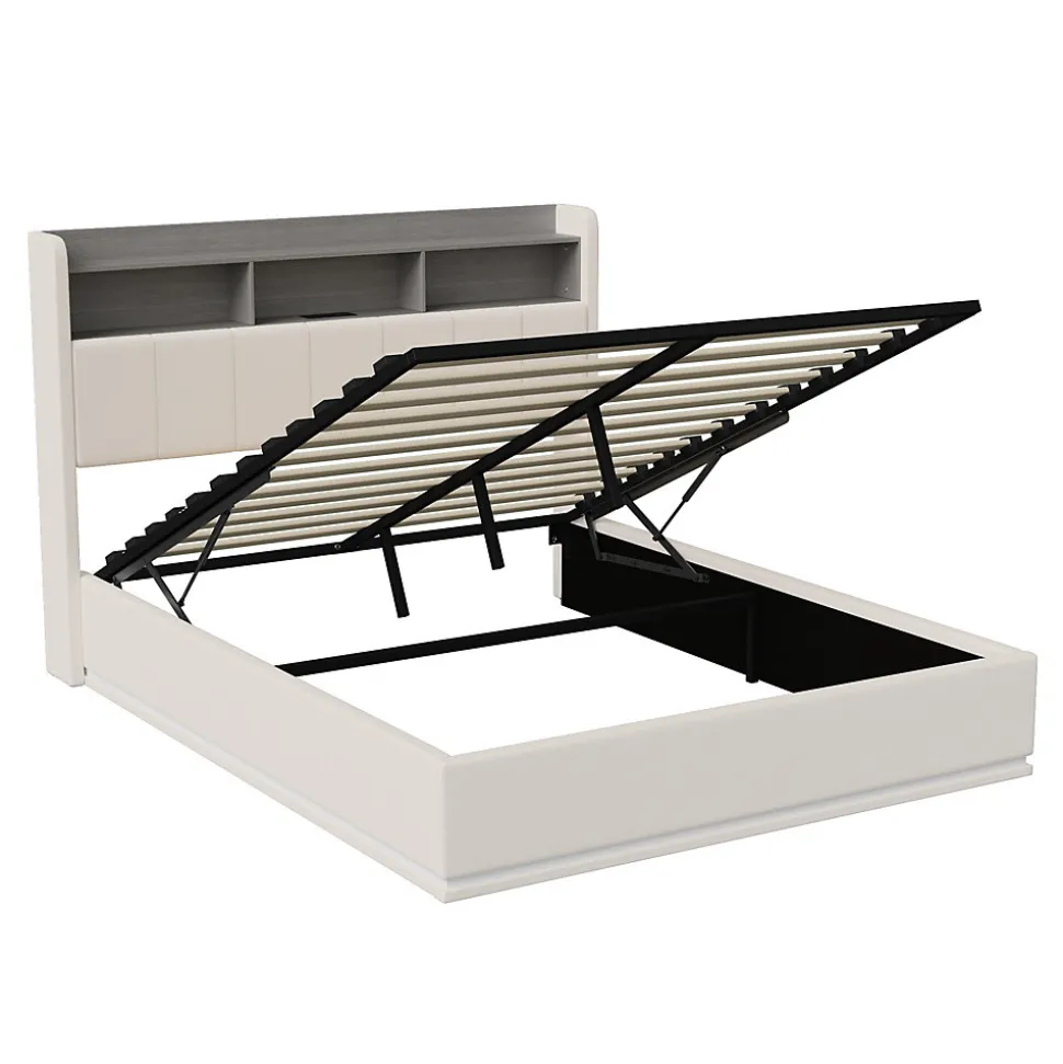 Lit coffre 140x200 cm en velours avec tête de lit rangements, LED, ports USB, Lit double avec espace de rangement, Blanc