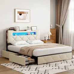 Lit coffre 140x190 cm en velours beige avec tête de lit lumineuse et port de charge, 4 tiroirs de rangement, structure métal