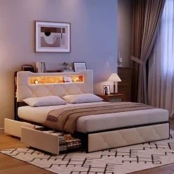 Lit coffre 140x190 cm en velours beige avec tête de lit lumineuse et port de charge, 4 tiroirs de rangement, structure métal