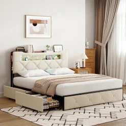 Lit coffre 140x190 cm en velours beige avec tête de lit lumineuse et port de charge, 4 tiroirs de rangement, structure métal
