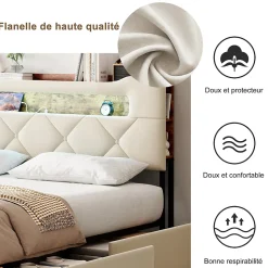 Lit coffre 140x190 cm en velours beige avec tête de lit lumineuse et port de charge, 4 tiroirs de rangement, structure métal