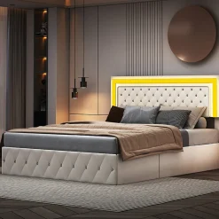 Lit coffre 160x200 cm en velours - avec LED et sommier à lattes - Lit double de rangement - avec tête de lit réglable - Beige