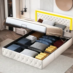 Lit coffre 160x200 cm en velours - avec LED et sommier à lattes - Lit double de rangement - avec tête de lit réglable - Beige