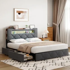Lit coffre 140x200 cm en velours gris avec tête de lit lumineuse et chargeur intégré, 4 tiroirs de rangement, structure métal